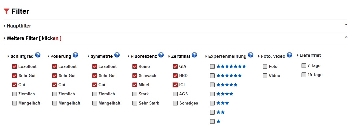 Diamantenbörse: Weitere Filter Diamantenbörse: Weitere Filter